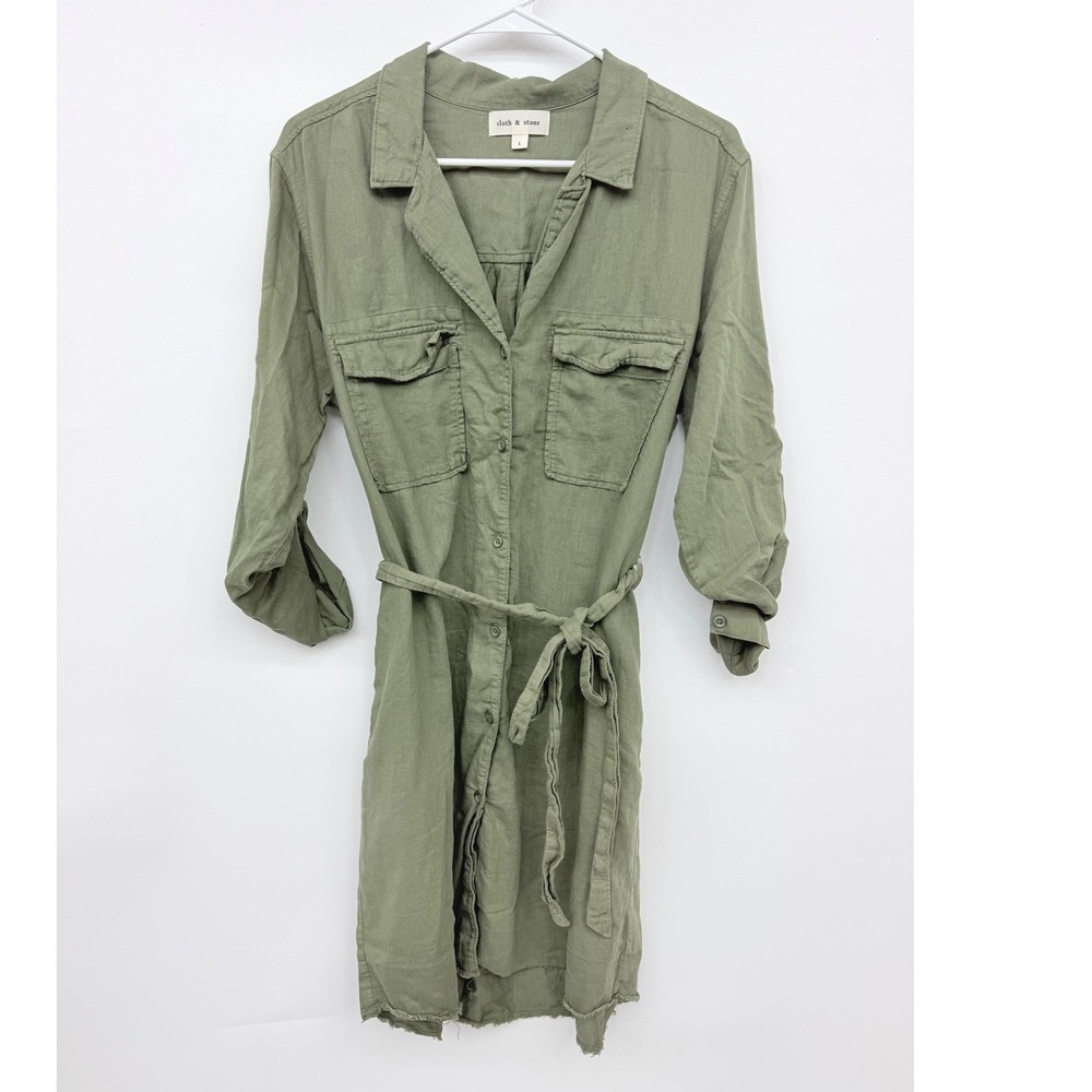 Cloth & Stone Eryn Utility Shirtdress Large Olive Green Linen Blend Mini